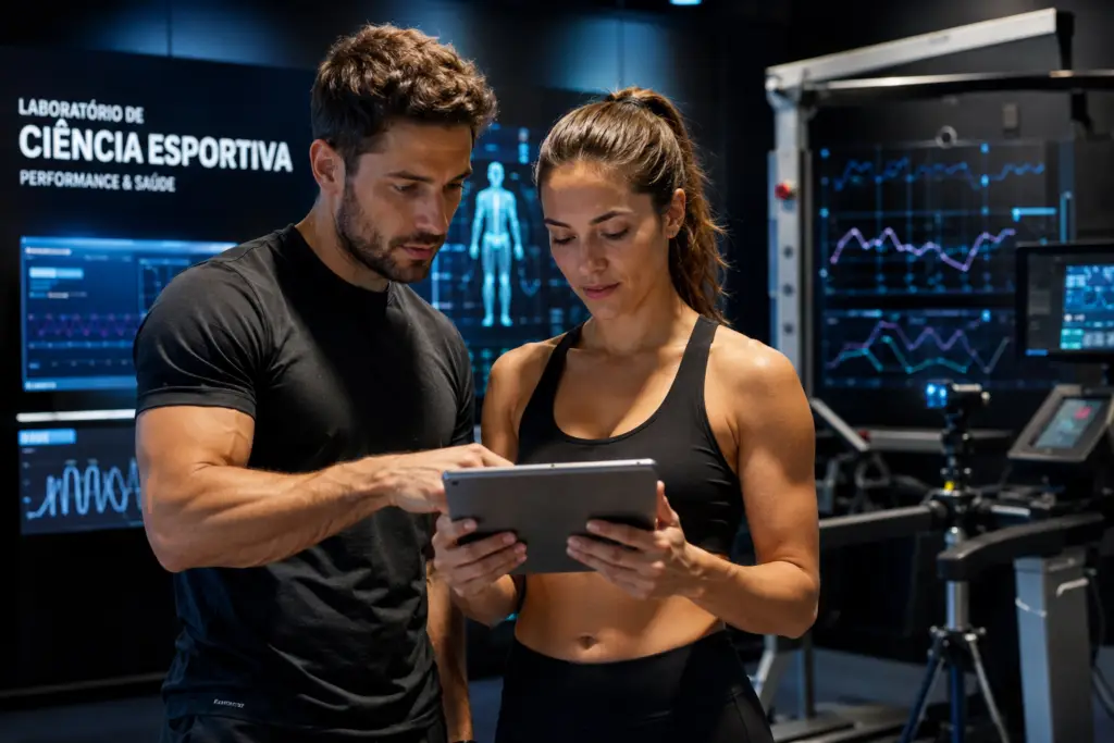 Homem e mulher obervando informações sobre consumo de Creatina