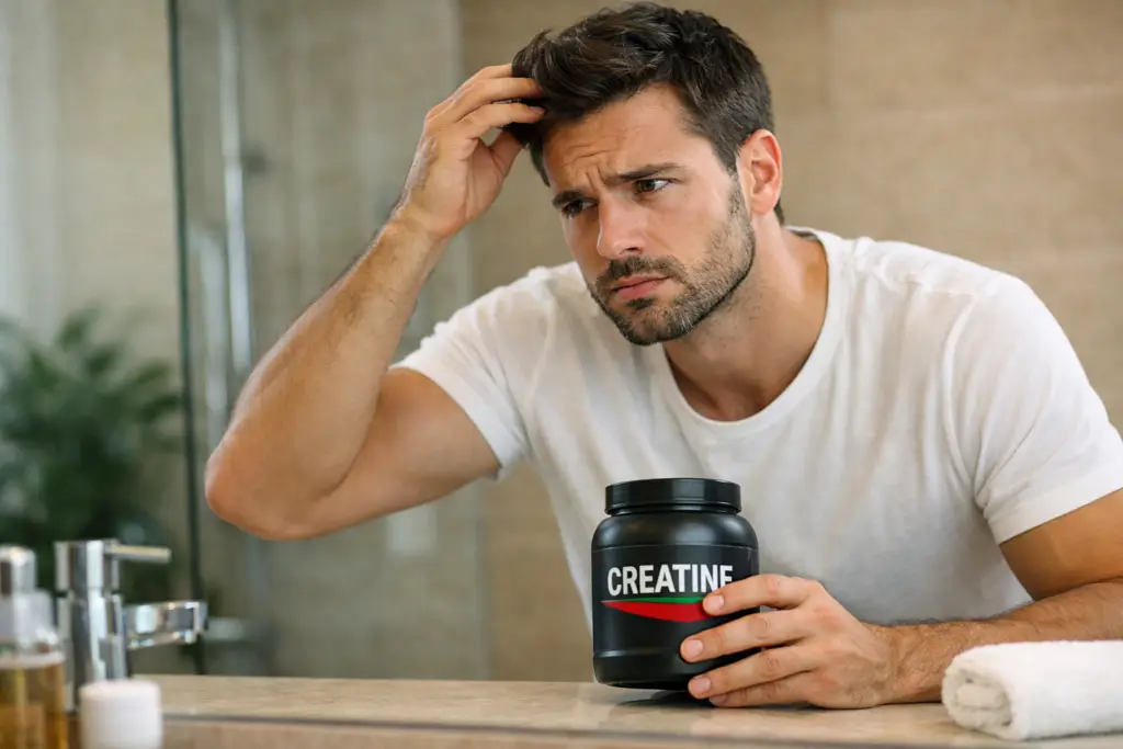 Um homem de frente ao espelho coim um pote de creatina ao lado, se perguntando sobre efeitos da creatina