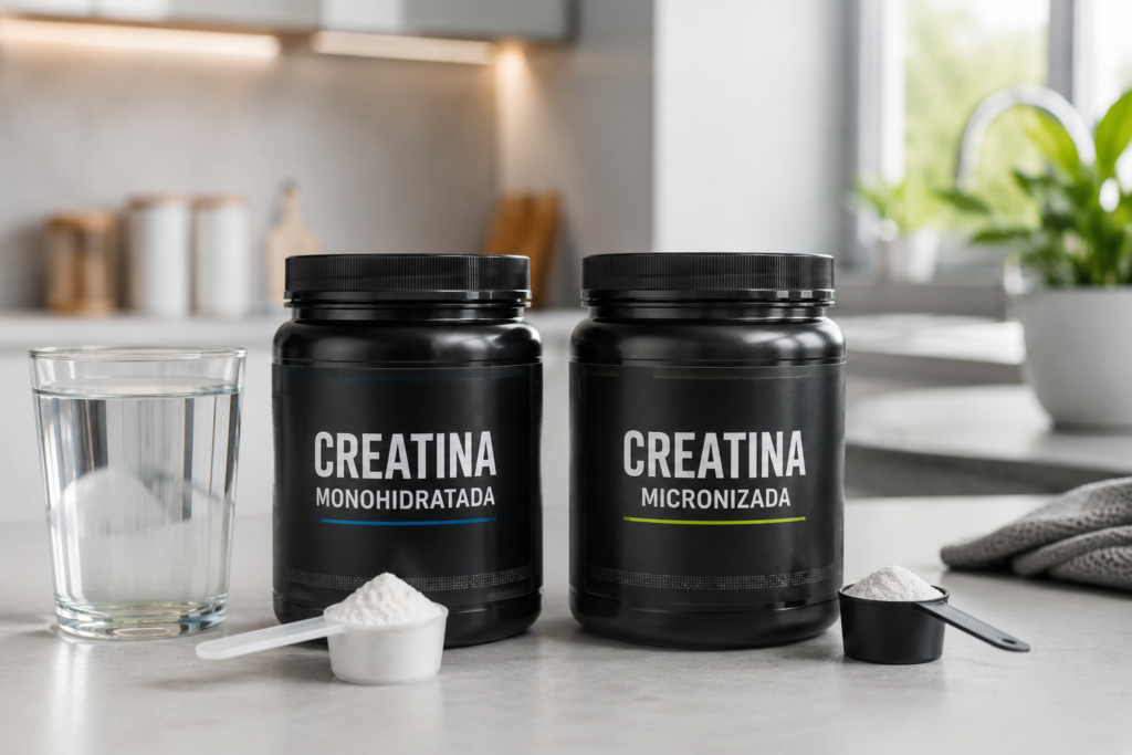 Dois potes de Creatina, um monohidratada e outro micronizada