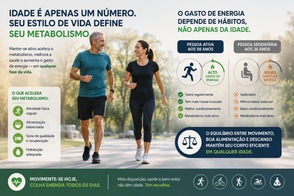 Foto de duas pessoas adultas de idades diferentes caminhando e praticando atividades físicas, com elementos gráficos representando o gasto de energia.