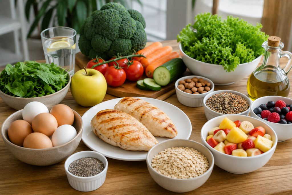Foto inspiradora mostrando uma pessoa preparando uma refeição saudável em uma cozinha moderna. Sobre a bancada há legumes, frutas, aveia, ovos, peito de frango e uma tigela de salada colorida.
