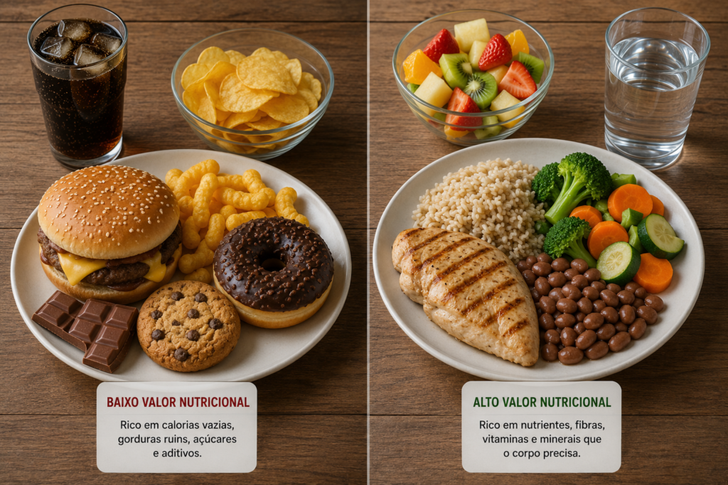 Fotografia mostrando duas refeições lado a lado com aparência semelhante em quantidade, mas diferentes em qualidade. De um lado, alimentos ultraprocessados como refrigerante, salgadinhos e doces. Do outro, uma refeição equilibrada com frango grelhado, arroz integral, feijão, legumes e frutas