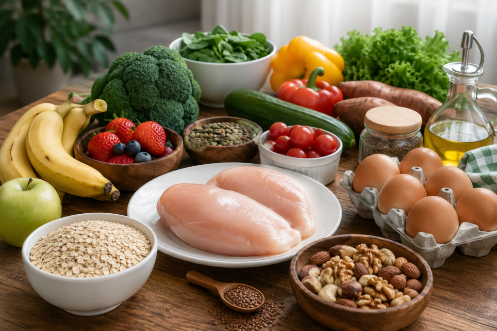 Fotografia de uma mesa com alimentos saudáveis, incluindo frutas, verduras, legumes, ovos, peito de frango, aveia e castanhas