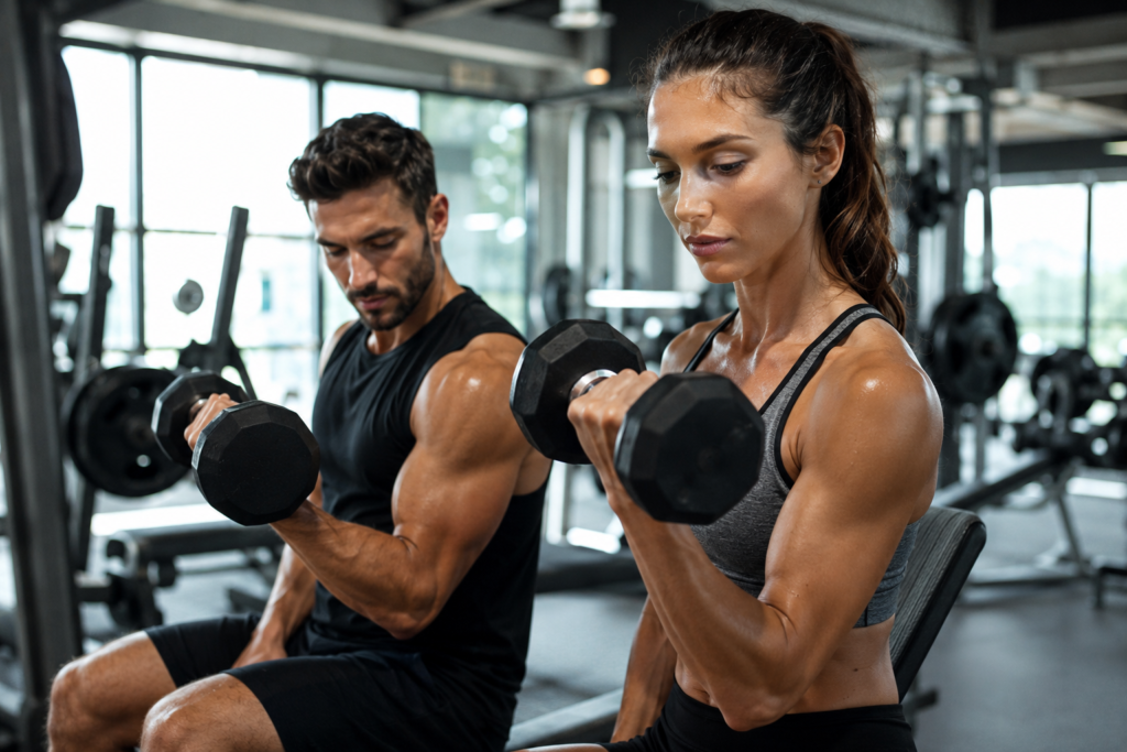 Fotografia hiper-realista de uma mulher e um homem treinando musculação em academia moderna, ambos com aparência saudável e em processo de transformação física, ambiente iluminado naturalmente, equipamentos profissionais ao fundo, expressão de esforço e determinação, estilo revista fitness premium, composição horizontal em alta resolução, foco na preservação de massa muscular durante o emagrecimento.