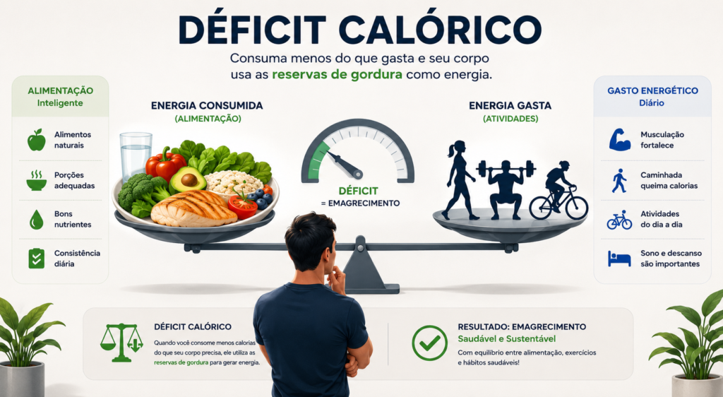 Ilustração moderna mostrando o conceito de déficit calórico de forma simples e intuitiva. Uma pessoa analisando uma balança onde um lado representa a energia consumida pelos alimentos e o outro representa o gasto energético através das atividades diárias. Elementos como caminhada, musculação e alimentação saudável ao redor