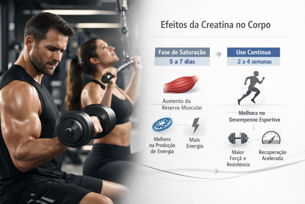 infográfico moderno e limpo mostrando linha do tempo do efeito da creatina no corpo humano, destacando fase de saturação (5 a 7 dias) e uso contínuo (2 a 4 semanas), elementos visuais de músculo, energia celular e desempenho esportivo, estilo científico minimalista