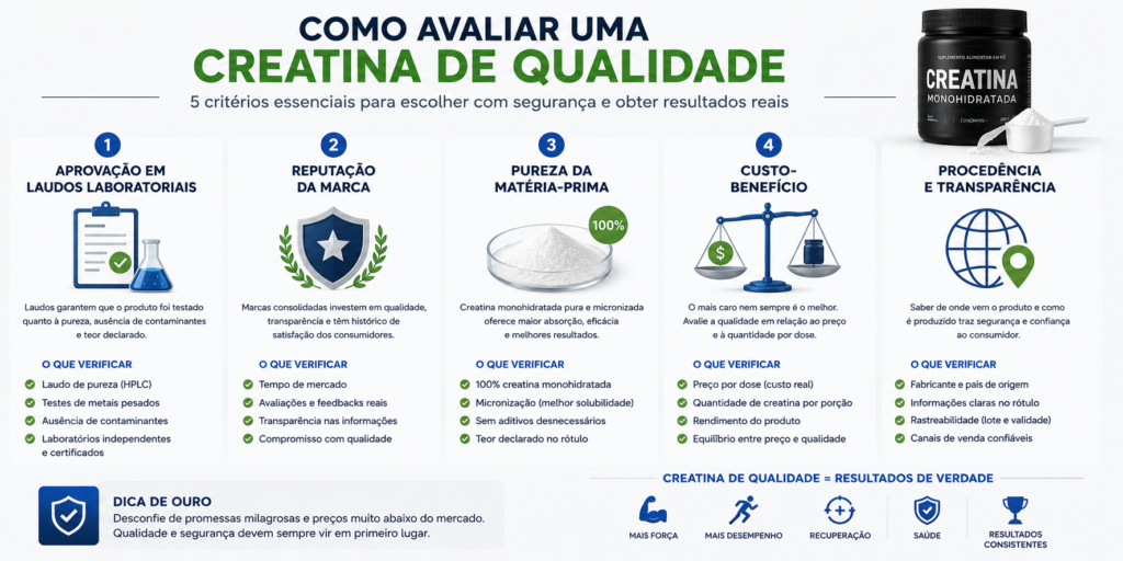 Infográfico moderno comparando os principais critérios para avaliar uma creatina: aprovação em laudos laboratoriais, reputação da marca, pureza da matéria-prima, custo-benefício e procedência. Design limpo, estilo científico, cores neutras com detalhes em azul e verde, composição horizontal para blog de saúde e fitness.