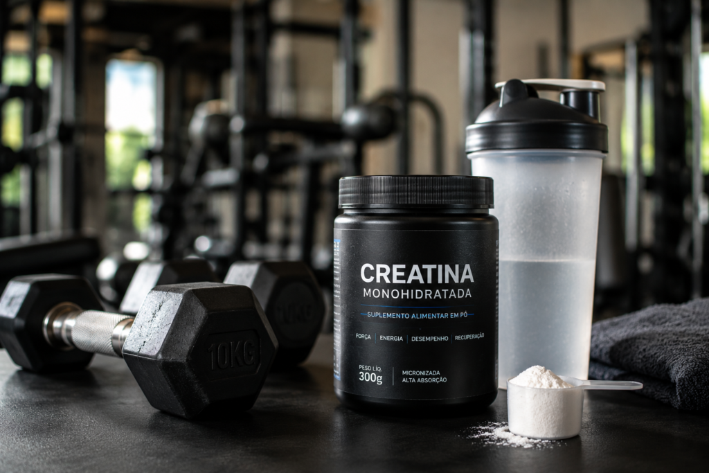 Fotografia de um pote de creatina sobre uma bancada moderna de academia, ao lado de halteres e uma coqueteleira. Ao fundo, ambiente desfocado com equipamentos de musculação, iluminação natural suave, estilo revista fitness premium, composição horizontal em alta definição. O foco deve transmitir qualidade e confiança, sem destacar logotipos de forma promocional.