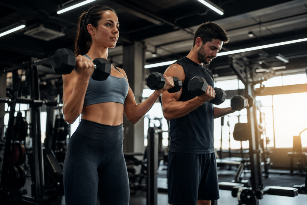 Fotografia de um homem e uma mulher treinando musculação em uma academia moderna, expressão de esforço controlado durante exercício de alta intensidade, atmosfera realista e natural, iluminação suave de academia, foco em desempenho físico e progresso