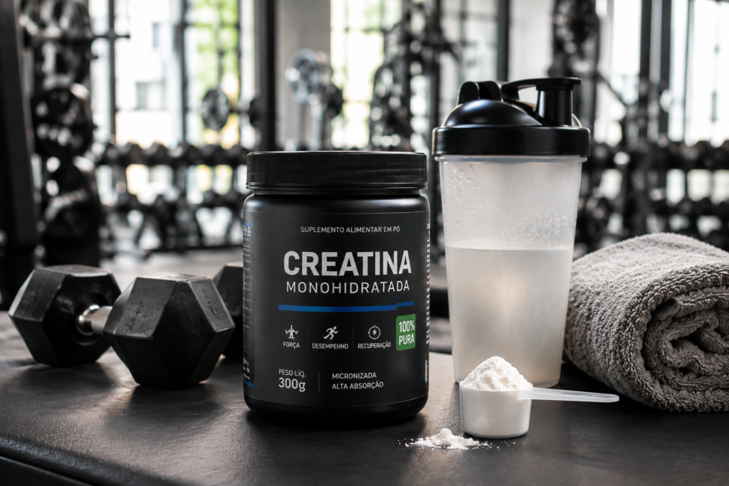 Um pote de creatina sobre uma bancada moderna de academia, ao lado de halteres, toalha e coqueteleira. Ambiente clean, iluminação natural suave, fundo desfocado com equipamentos de musculação, estilo revista fitness premium, composição horizontal em alta definição, transmitindo qualidade e confiança, sem destacar logotipos de forma promocional.