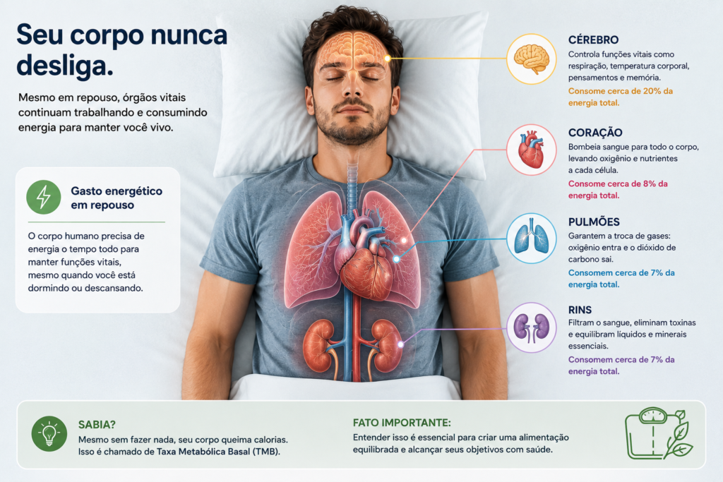 Ilustração educativa mostrando o corpo humano em repouso enquanto órgãos como cérebro, coração, pulmões e rins aparecem destacados, indicando que continuam consumindo energia mesmo durante o descanso.