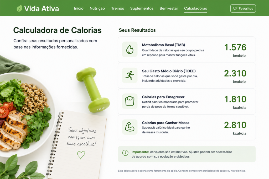 Foto calculadora online de calorias exibindo quatro resultados: Metabolismo Basal, Seu Gasto Médio Diário, Calorias para Emagrecer e Calorias para Ganhar Massa.