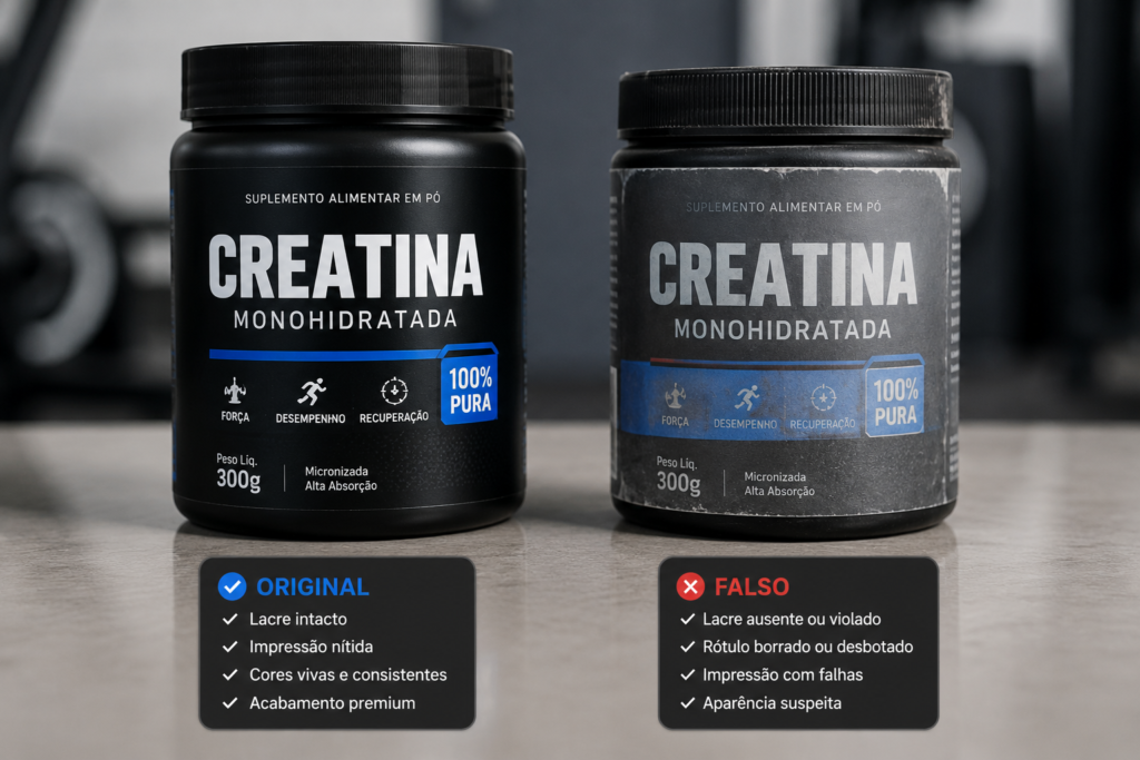 Fotografia hiper-realista mostrando duas embalagens de creatina sobre uma bancada limpa. Uma delas possui acabamento premium, lacre intacto, impressão nítida e aparência profissional. A outra apresenta rótulo borrado, cores desbotadas, pequenas imperfeições na impressão e aparência suspeita. Iluminação suave de estúdio, composição horizontal, estilo revista de saúde e suplementos, alta resolução.