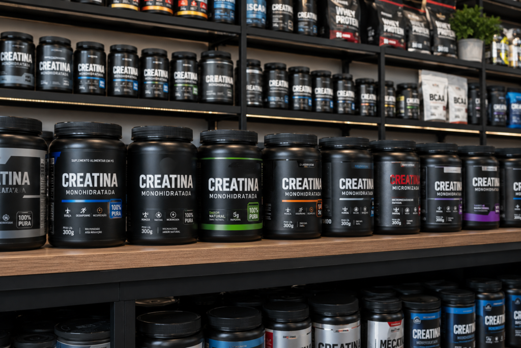 Fotografia mostrando diversas embalagens de creatina organizadas em uma prateleira moderna de loja de suplementos, ambiente limpo e sofisticado, foco em potes de creatina sem destaque para uma marca específica, iluminação natural suave, estilo revista fitness premium, composição horizontal em alta resolução.