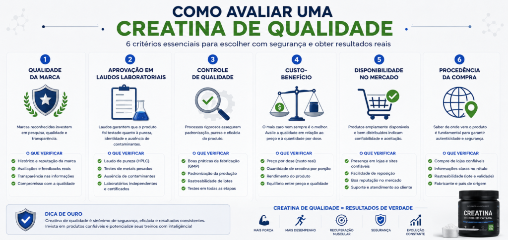 Infográfico moderno comparando os principais critérios para avaliar uma creatina: qualidade da marca, aprovação em laudos laboratoriais, controle de qualidade, custo-benefício, disponibilidade no mercado e procedência da compra. Estilo científico minimalista, cores neutras com detalhes em azul e verde, composição horizontal para blog de saúde e fitness.