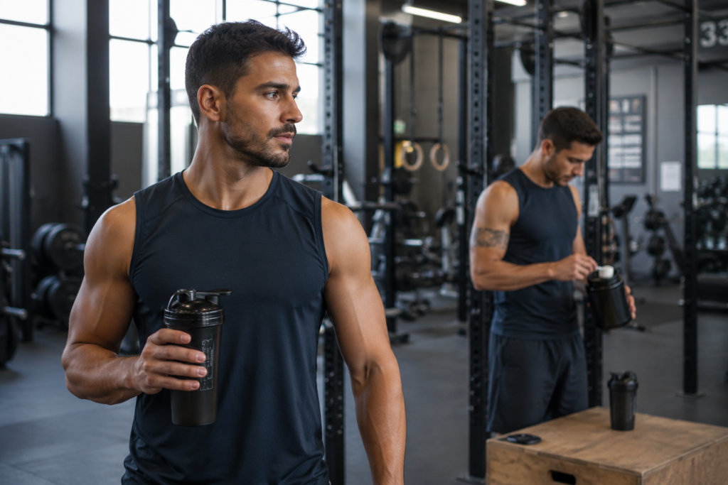 Homens em academia tomando creatina antes do treino e outro depois do treino