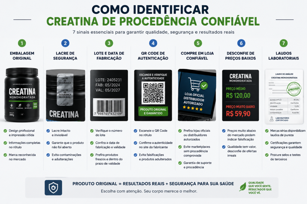 Infográfico editorial moderno comparando critérios para escolher uma creatina de qualidade: pureza, aprovação em laudos laboratoriais, reputação da marca, custo-benefício, selo de qualidade e procedência. Design minimalista, cores neutras com detalhes em azul e verde, estilo científico para blog de saúde e fitness, composição horizontal.