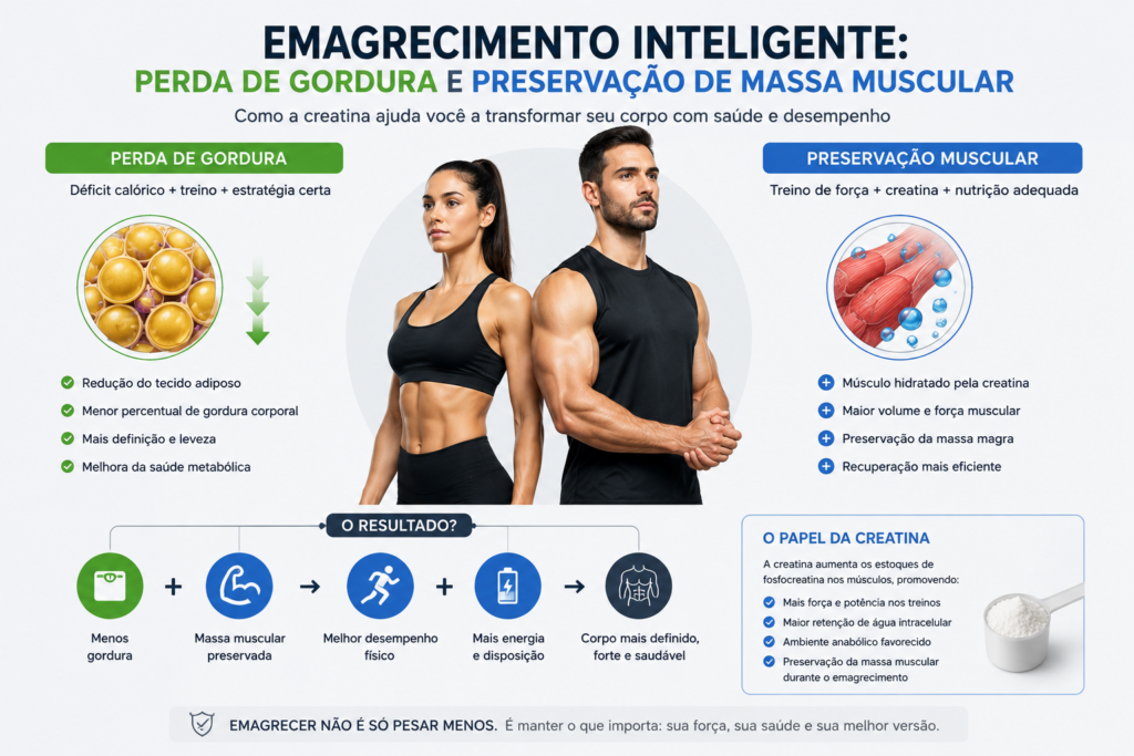 Infográfico moderno e científico comparando perda de gordura e preservação de massa muscular durante o emagrecimento, mostrando de um lado redução de tecido adiposo e do outro músculo hidratado pela creatina, setas indicando melhora no desempenho físico e manutenção da massa magra, design editorial minimalista, cores neutras com detalhes em azul e verde, composição horizontal para blog de saúde e fitness.