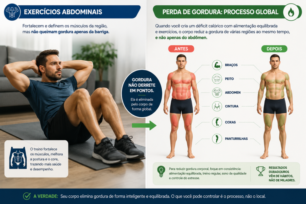 Foto comparando duas situações: de um lado uma pessoa fazendo exercícios abdominais; do outro, uma representação da perda de gordura ocorrendo em diferentes regiões do corpo, mostrando que ela acontece de forma global e não localizada.