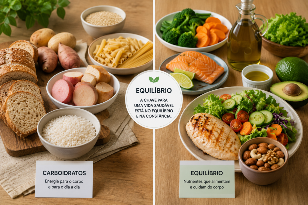 Fotografia mostrando uma mesa dividida em duas partes. De um lado, alimentos ricos em carboidratos como pães, massas e arroz. Do outro, uma refeição equilibrada com proteínas magras, legumes, verduras, azeite e oleaginosas
