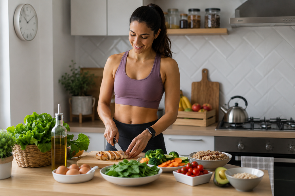 Fotografia de uma pessoa preparando uma refeição saudável composta por legumes, proteínas magras, azeite, ovos, folhas verdes e pequenas porções de alimentos ricos em carboidratos