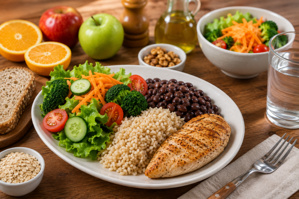 Fotografia de uma refeição equilibrada com verduras, legumes, feijão, cereais integrais, frutas inteiras e uma fonte de proteína magra, representando escolhas alimentares que podem contribuir para prevenir o diabetes tipo 2.