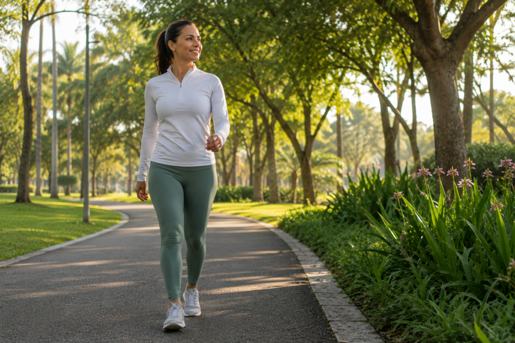 Fotografia de uma pessoa adulta caminhando em um parque durante a manhã, combinando atividade física moderada com uma rotina saudável. A cena deve representar hábitos consistentes que ajudam a prevenir o diabetes tipo 2