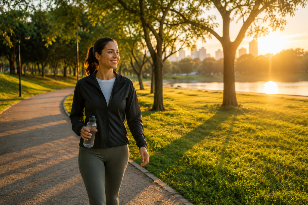 Fotografia de uma pessoa caminhando em um parque ao amanhecer, com expressão tranquila e confiante