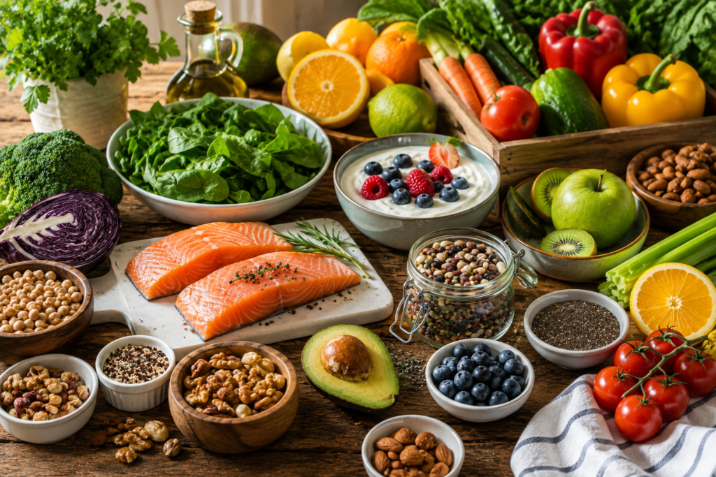 Fotografia de uma mesa repleta de alimentos naturais, como frutas cítricas, verduras, legumes coloridos, castanhas, peixes e iogurte natural.