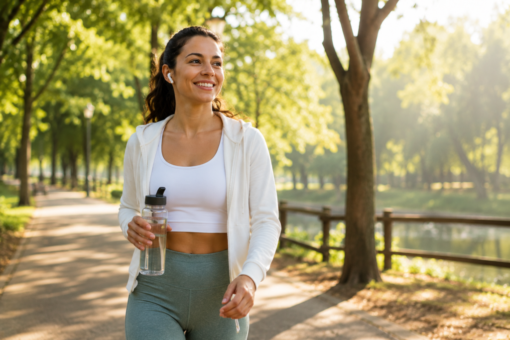 Fotografia de uma pessoa caminhando ao ar livre em um parque durante a manhã, segurando uma garrafa de água e sorrindo naturalmente.