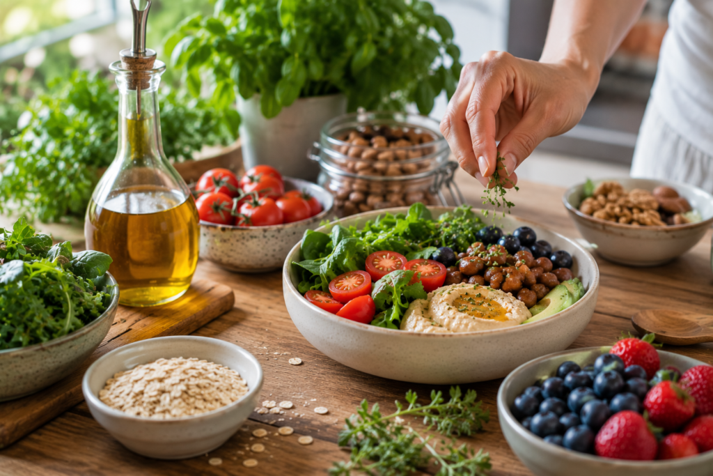 Fotografia de uma mesa de cozinha com ingredientes frescos sendo preparados: folhas verdes, tomates, frutas vermelhas, azeite, aveia, feijão, castanhas e ervas aromáticas. Uma mão humana está finalizando uma refeição, criando uma cena espontânea e cotidiana. A composição mostra alimentação variada e de boa qualidade associada à redução de fatores relacionados à inflamação crônica.