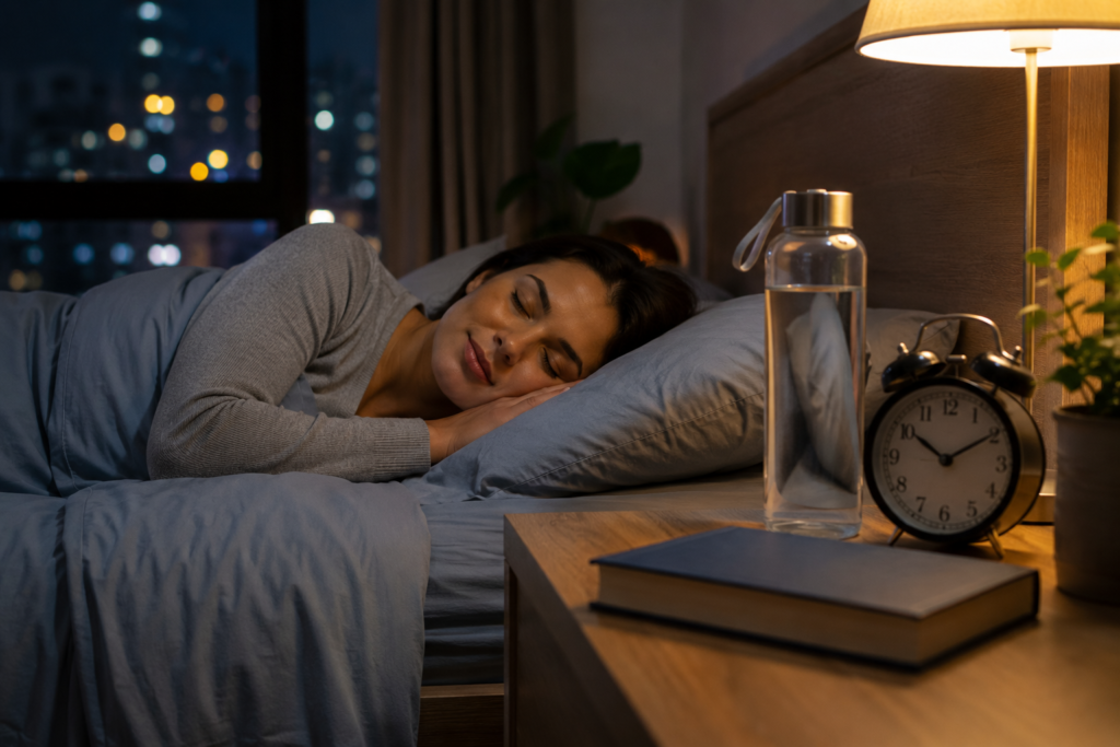 Fotografia de uma cena noturna tranquila de rotina saudável: uma pessoa descansando confortavelmente em um quarto organizado, prevenção a inflamação crônica