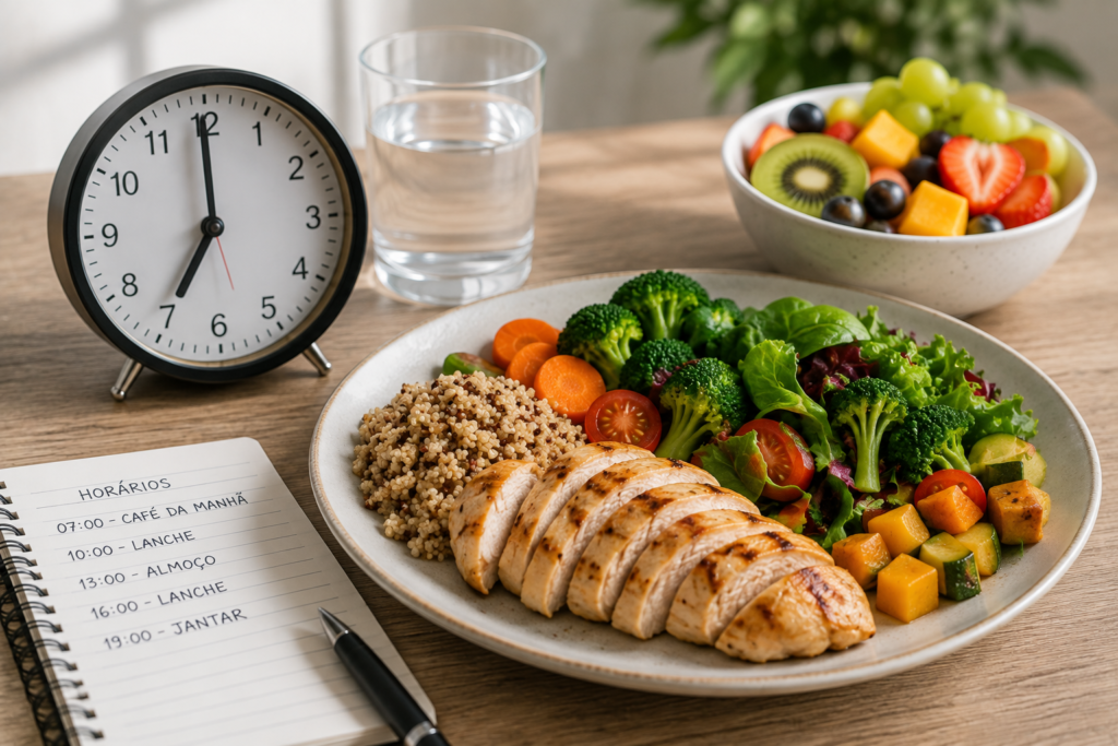 Fotografia de um relógio ao lado de uma refeição saudável composta por proteínas magras, legumes, verduras e frutas.