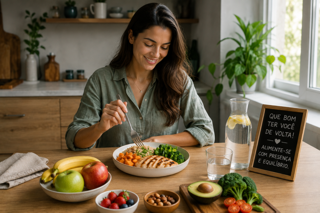 Fotografia de uma pessoa preparando calmamente uma refeição equilibrada após o período de jejum, com proteínas magras, vegetais, frutas e água sobre a mesa
