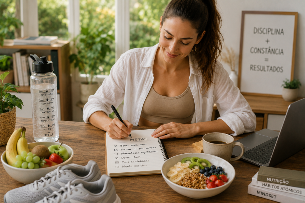 Fotografia de uma pessoa organizando suas metas de saúde em um caderno enquanto toma um café da manhã equilibrado. Sobre a mesa há uma garrafa de água, frutas, um tênis de caminhada e um notebook aberto.