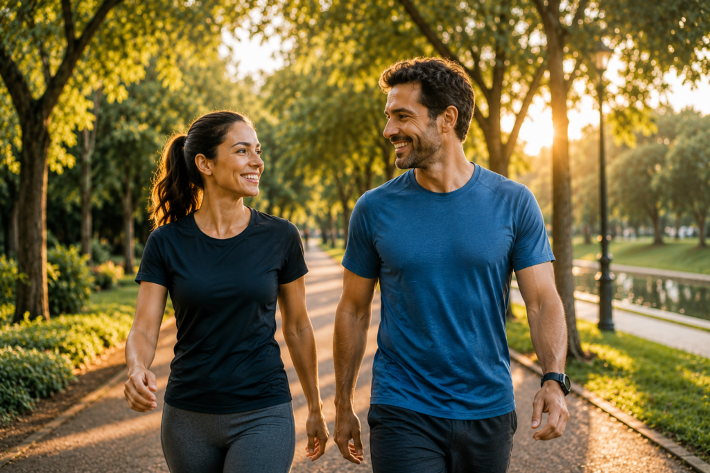 Fotografia editorial mostrando um casal caminhando tranquilamente em um parque arborizado durante o fim da tarde. Ambos sorriem enquanto conversam, transmitindo bem-estar, equilíbrio e prazer em manter hábitos saudáveis.