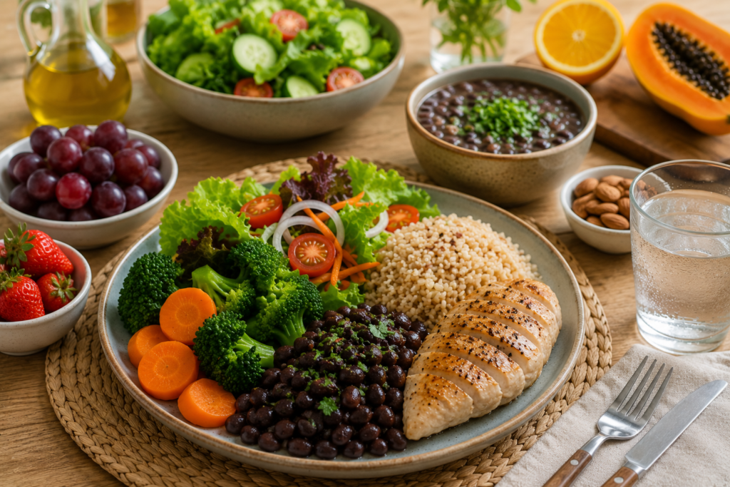 Fotografia de uma refeição equilibrada composta por verduras, legumes, frutas, feijão, grãos integrais e uma fonte de proteína magra, representando uma alimentação saudável para pessoas que precisam cuidar da pressão alta.