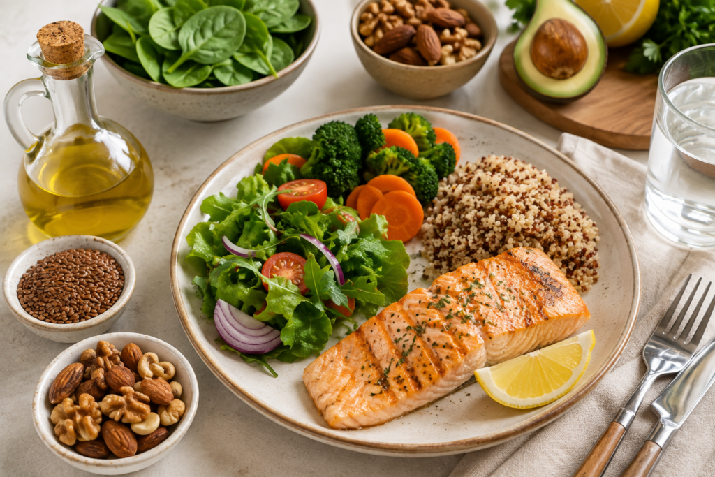 Fotografia de uma refeição equilibrada preparada com peixe, legumes, verduras, grãos integrais, azeite e pequenas porções de castanhas, representando uma alimentação voltada para ajudar a reduzir o colesterol naturalmente.