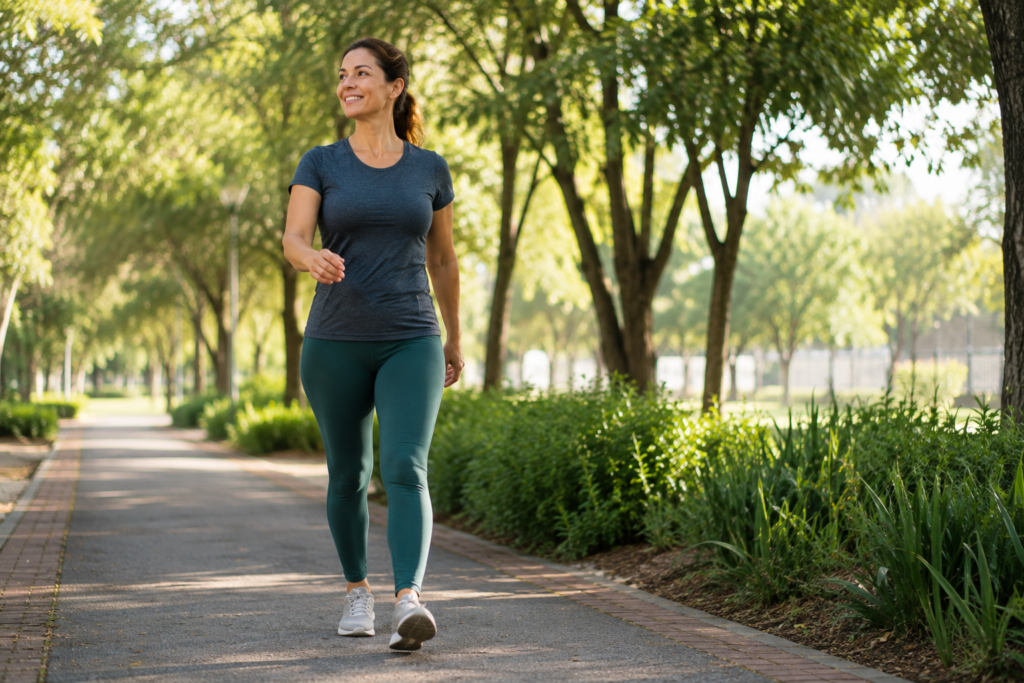 Fotografia de uma pessoa adulta caminhando em um parque enquanto pratica atividade física moderada, transmitindo a ideia de que exercício regular pode fazer parte de uma rotina para reduzir o colesterol naturalmente.